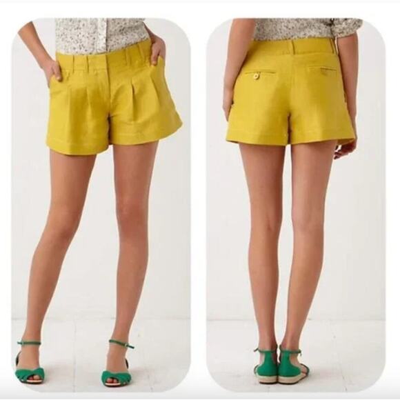Anthropologie Cartonnier Walkabout Yellow Pleated Linen Silk Chino Shorts Size 6 - Picture 1 of 12